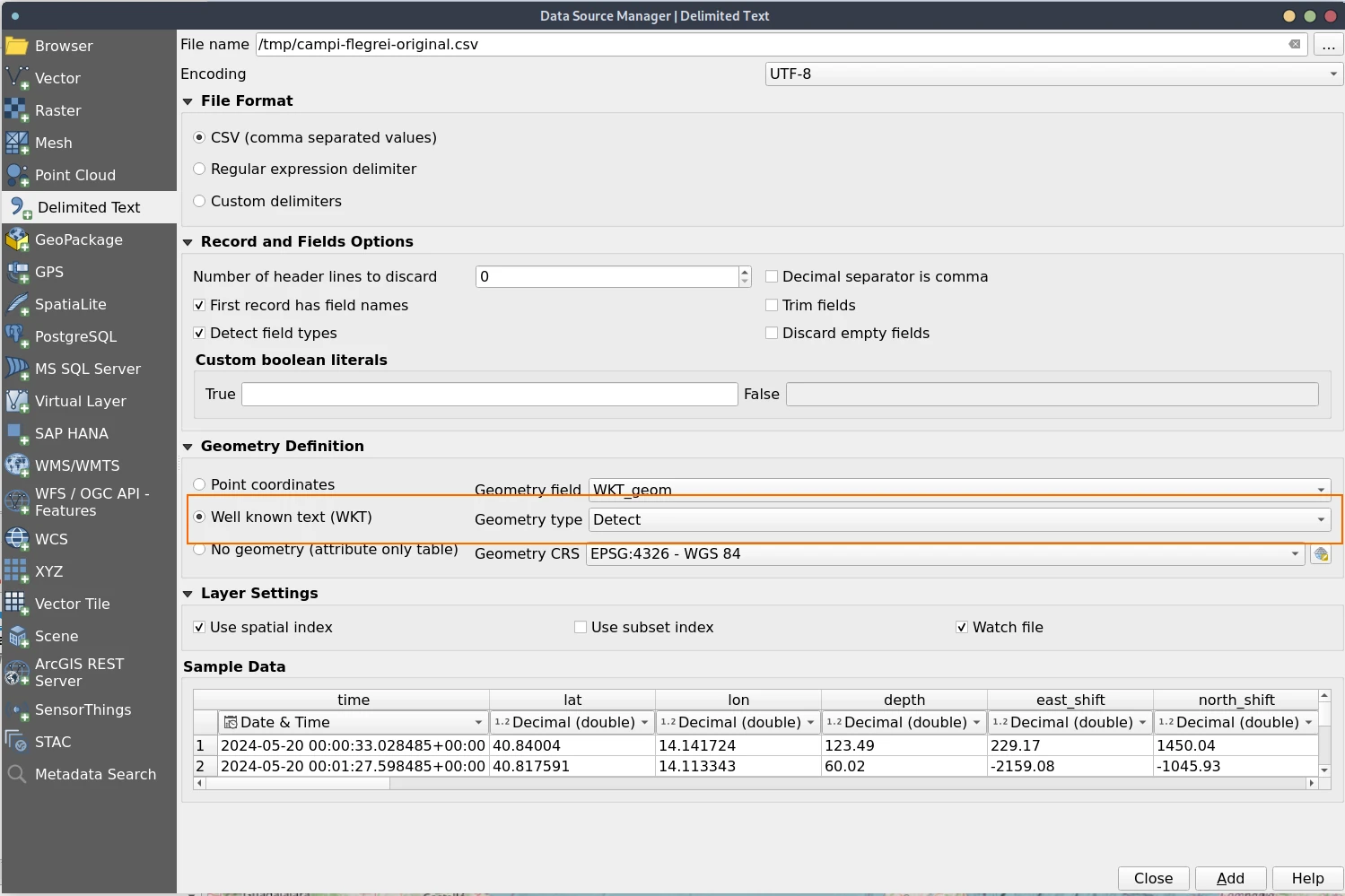 QGIS Data Source Manager loading the detections